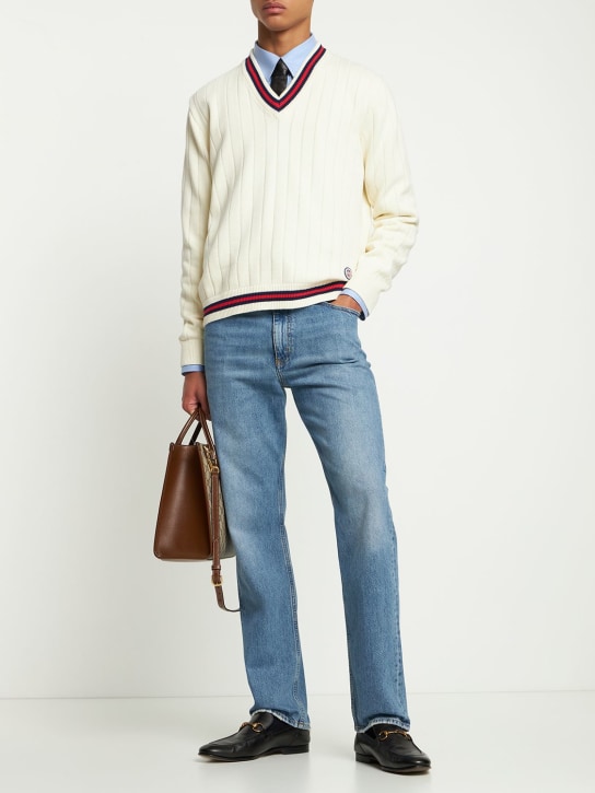 Gucci: Suéter de punto de algodón con tribanda de webbing - Marfil - men_1 | Luisa Via Roma