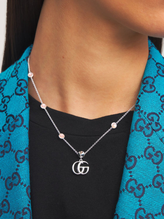 Gucci: Double G mother of pearl necklace - Silver/Pink - women_1 | Luisa Via Roma