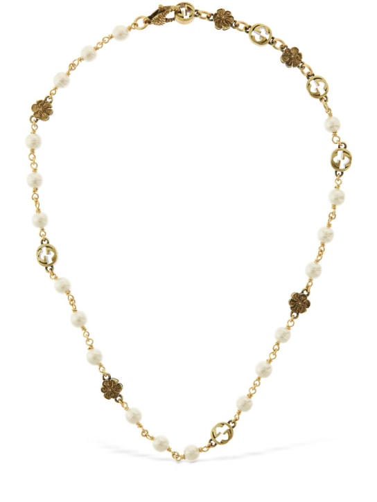 Gucci: GG Flower imitation pearl necklace - Gold/Cream - women_0 | Luisa Via Roma