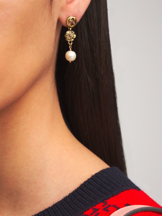 Gucci: GG Flower imitation pearl earrings - Gold/Cream - women_1 | Luisa Via Roma