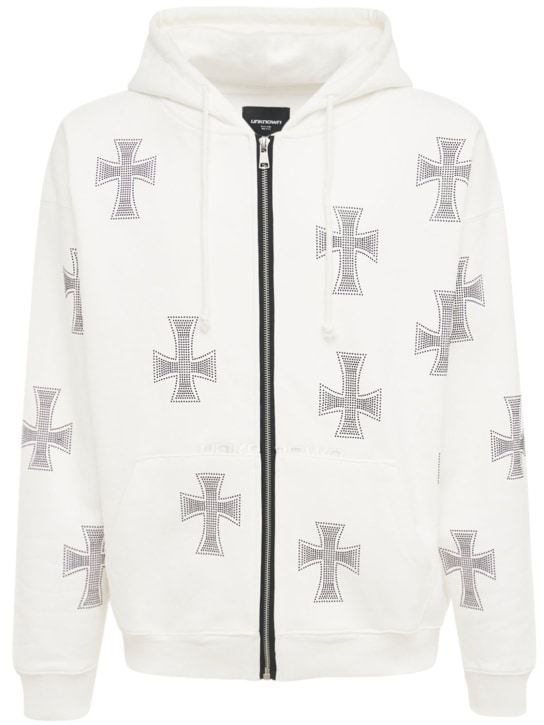 Unknown: White rhinestone cross cotton hoodie - Beyaz - men_0 | Luisa Via Roma