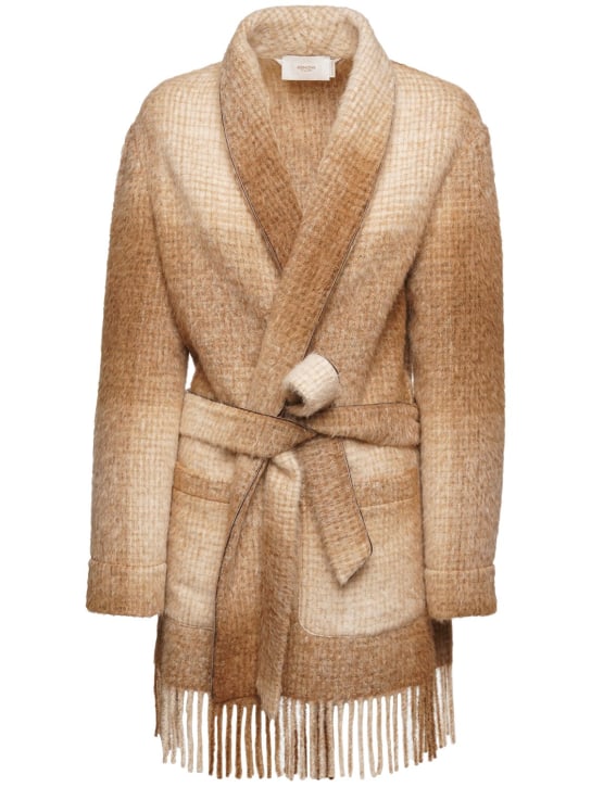 Agnona: Shaded alpaca blend check short robe - Stone / Camel - women_0 | Luisa Via Roma
