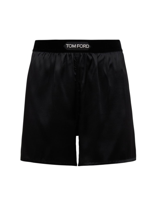 Tom Ford: Shorts de satén de seda con logo - Negro/Blanco - women_0 | Luisa Via Roma