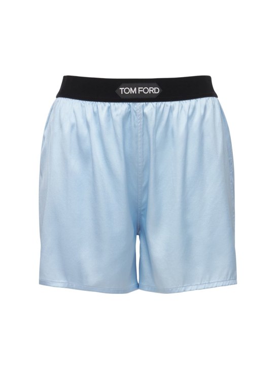 Tom Ford: Shorts mini de satén de seda con logo - Azul Claro - women_0 | Luisa Via Roma
