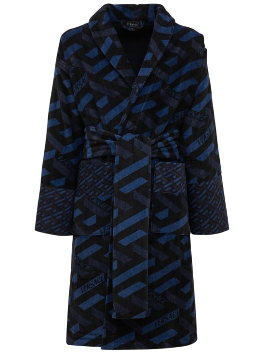 Versace: Peignoir en coton imprimé monogramme - Bleu - women_0 | Luisa Via Roma