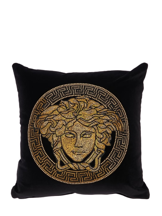 Versace: Embellished cotton cushion - Siyah - ecraft_0 | Luisa Via Roma