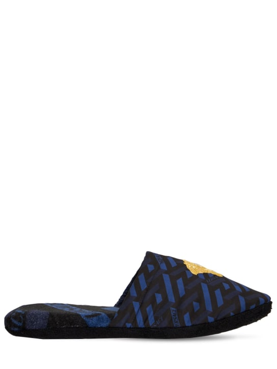 Versace: Monogram printed cotton slippers - Blue - ecraft_0 | Luisa Via Roma