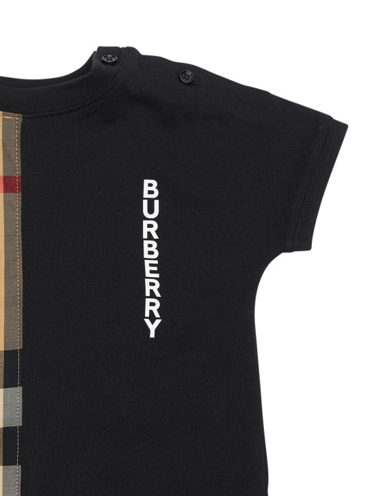 Burberry: Barboteuse en coton avec inserts à carreaux - Beige/Noir - kids-boys_1 | Luisa Via Roma