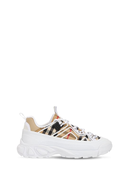 Burberry: Cotton & leather lace-up sneakers - Beige - kids-girls_0 | Luisa Via Roma