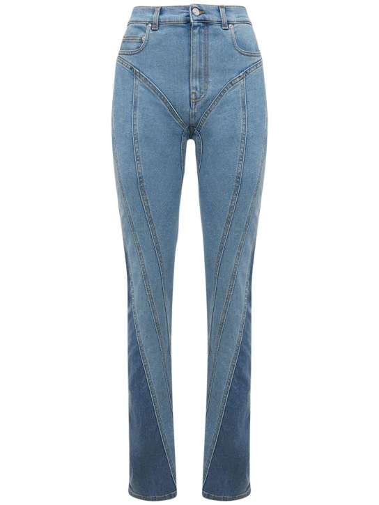 MUGLER: Jeans de denim de algodón stretch con tiro alto - women_0 | Luisa Via Roma