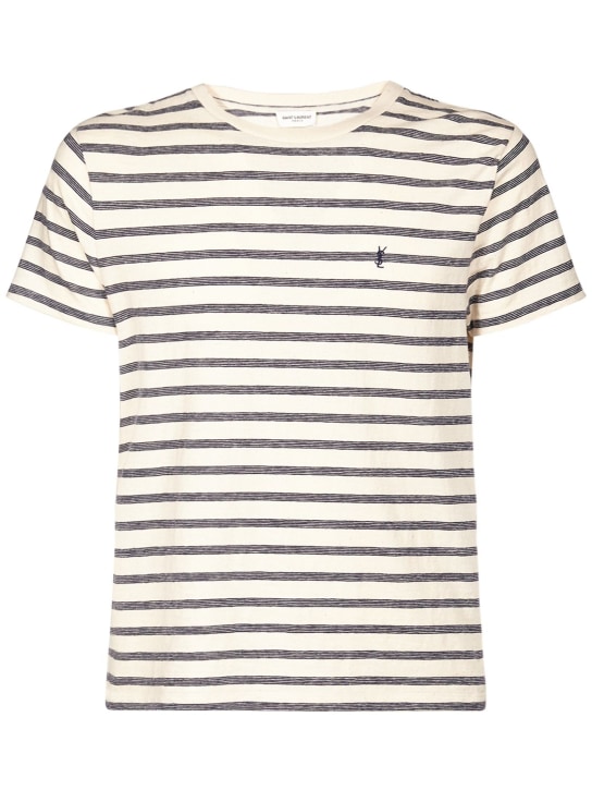 Saint Laurent: Striped Monogram cotton jersey t-shirt - Naturel/Marine - men_0 | Luisa Via Roma
