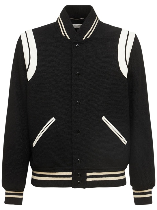 Saint Laurent: Teddy wool jacket w/ striped details - Siyah/Beyaz - men_0 | Luisa Via Roma