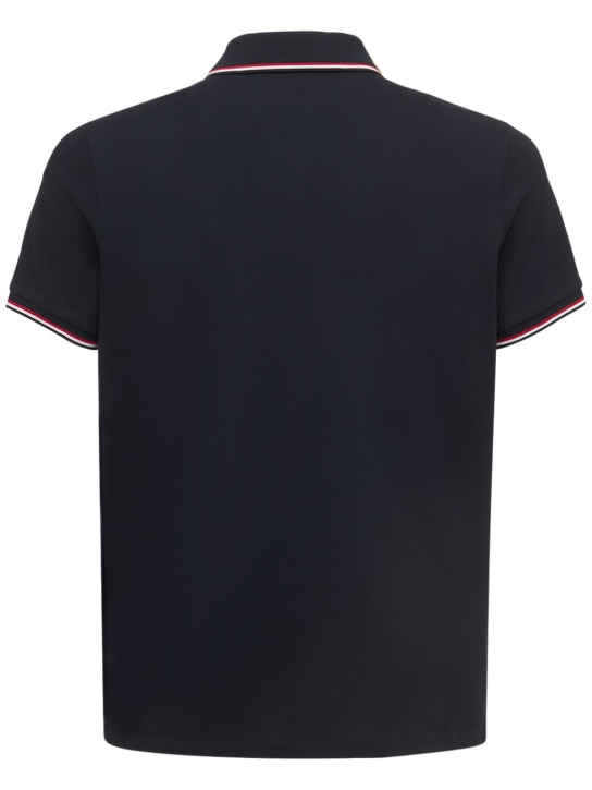 Moncler: Tricolour-trimmed cotton piquet polo - Dark Blue - men_3 | Luisa Via Roma