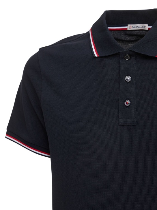 Moncler: Tricolour-trimmed cotton piquet polo - Dark Blue - men_2 | Luisa Via Roma