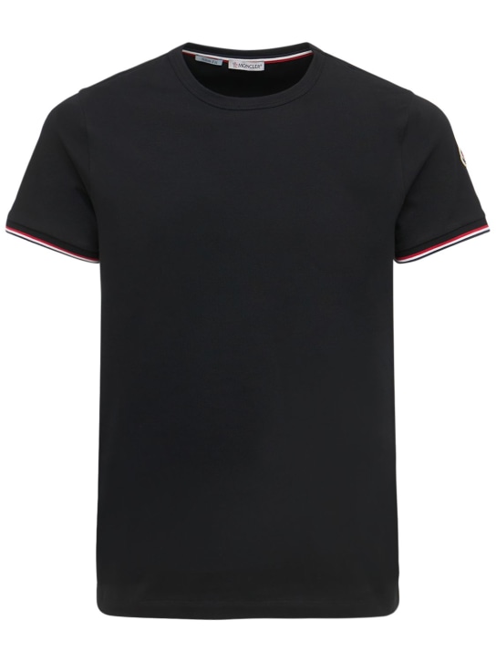 Moncler: 弹力棉质平纹针织T恤 - 黑色 - men_0 | Luisa Via Roma