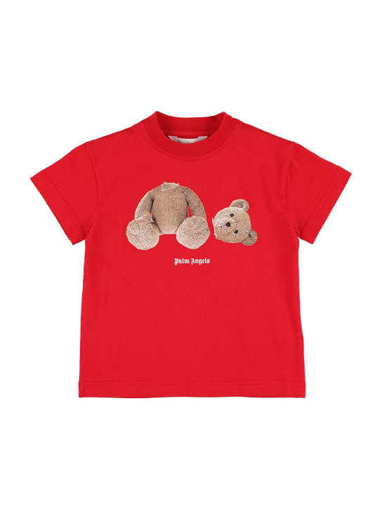 Palm Angels: T-shirt en jersey de coton imprimé ourson - Rouge - kids-girls_0 | Luisa Via Roma