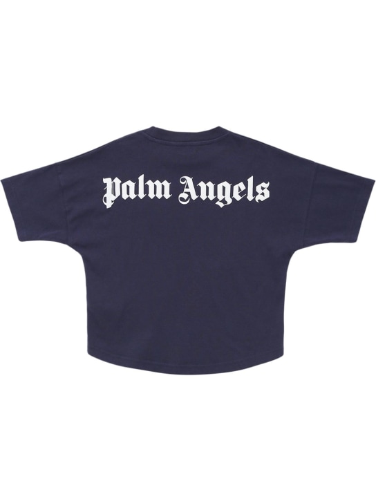 Palm Angels: T-shirt en jersey de coton à imprimé logo - Bleu Marine - kids-boys_0 | Luisa Via Roma