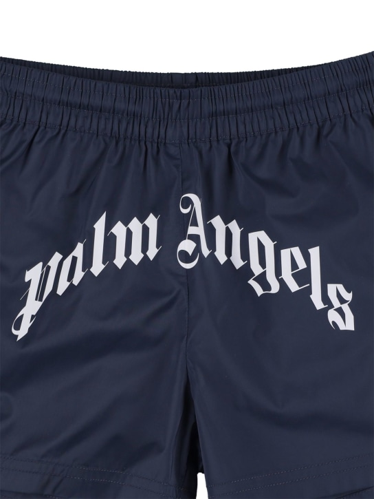 Palm Angels: Bañador shorts de nylon con logo estampado - Azul Marino - kids-boys_1 | Luisa Via Roma
