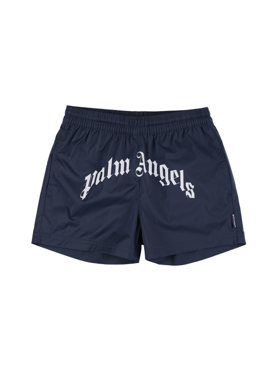 Palm Angels: Bañador shorts de nylon con logo estampado - Azul Marino - kids-boys_0 | Luisa Via Roma