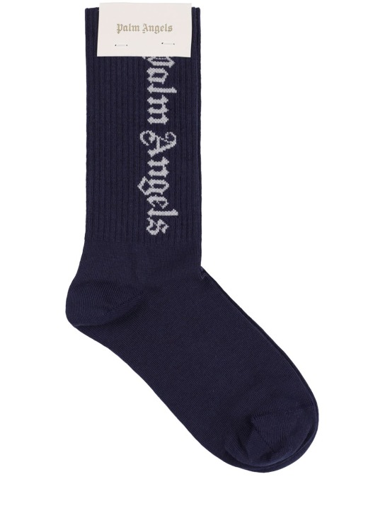 Palm Angels: Logo intarsia cotton blend socks - Lacivert - kids-boys_0 | Luisa Via Roma