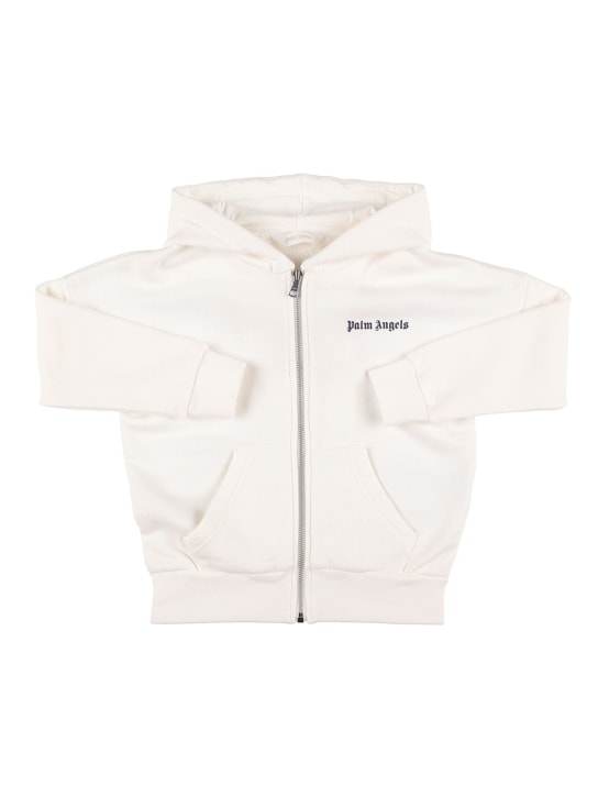 Palm Angels: Logo zip cotton hoodie - White - kids-boys_0 | Luisa Via Roma