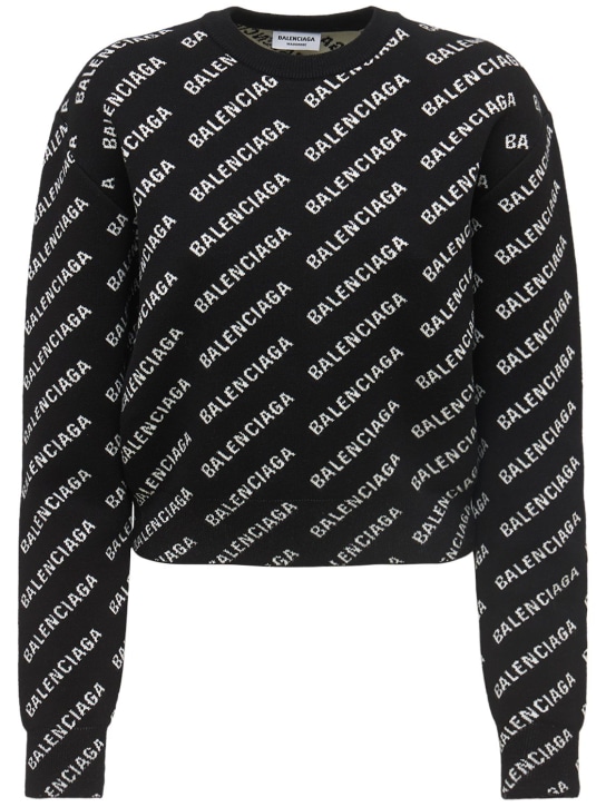 Balenciaga: All over mini logo cotton blend sweater - Siyah/Beyaz - women_0 | Luisa Via Roma