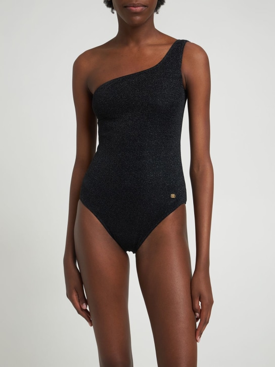 Balenciaga: 不对称金银丝连体泳衣 - 黑色 - women_1 | Luisa Via Roma