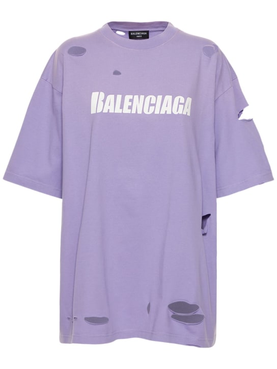 Balenciaga: 오버사이즈 디스트레스트 로고 저지 티셔츠 - Light Purple - women_0 | Luisa Via Roma
