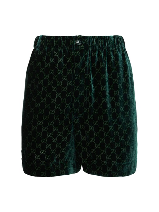 Gucci: Shorts cortos de terciopelo con logo - Verde Oscuro - women_0 | Luisa Via Roma