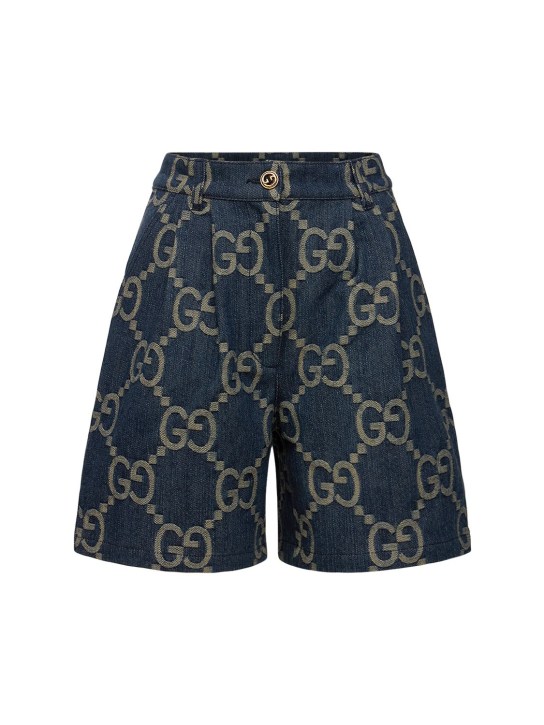 Gucci: Shorts de denim de algodón con Jumbo GG - Azul/Marfil - women_0 | Luisa Via Roma