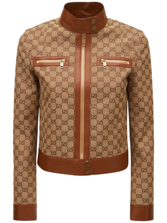 Gucci: Veste en coton mélangé à logo avec liseré en cuir - Camel/Mix - women_0 | Luisa Via Roma