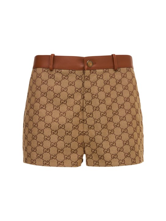 Gucci: Shorts mini de algodón con logo y piel - Camel/Mix - women_0 | Luisa Via Roma