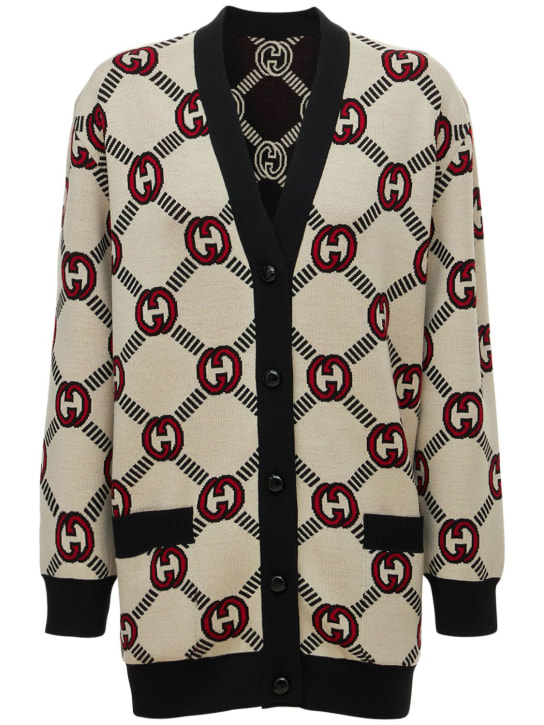 Gucci: Reversible wool blend jacquard cardigan - Almond/Black - women_0 | Luisa Via Roma