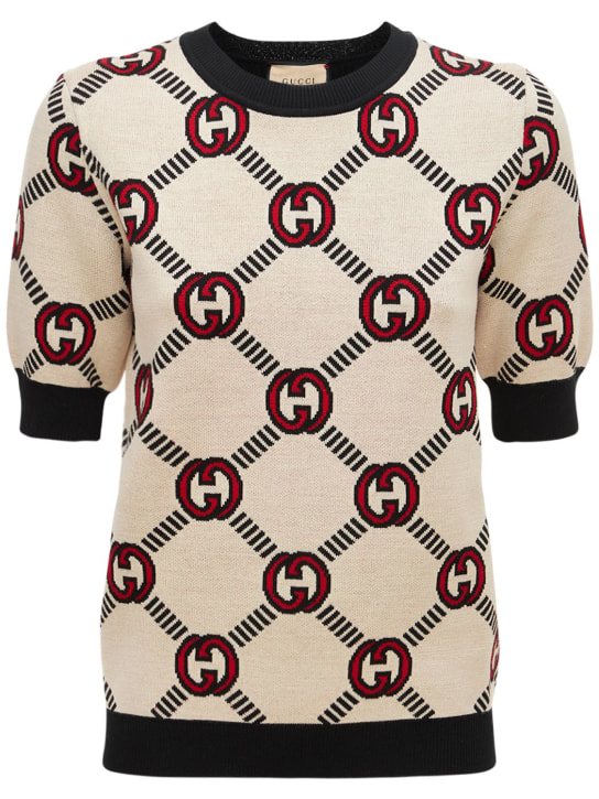 Gucci: Haut en maille jacquard de laine douce à logo - Almond/Black - women_0 | Luisa Via Roma