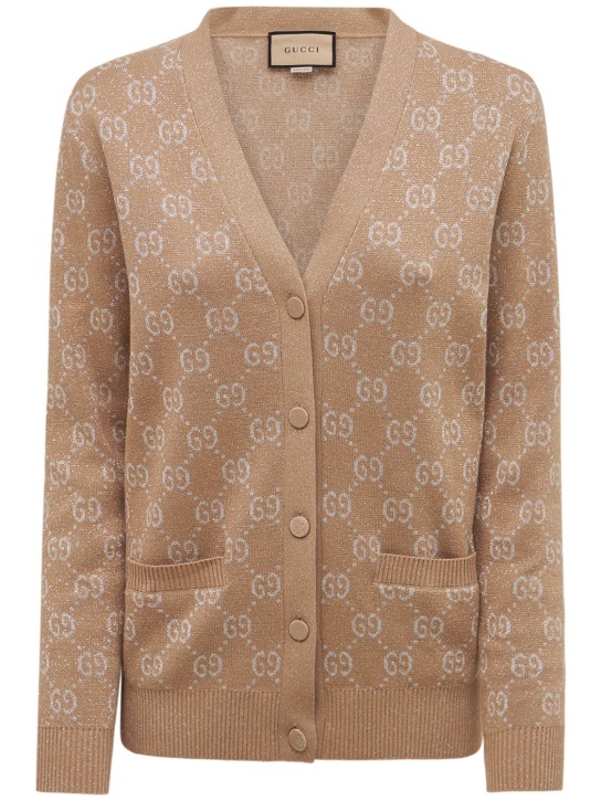 Gucci: Logo jacquard cotton blend cardigan - Camel/Gold - women_0 | Luisa Via Roma