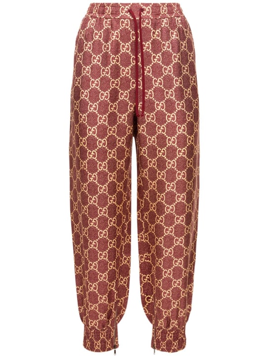 Gucci: Pantalones de sarga de seda con logo - Sweet Berry - women_0 | Luisa Via Roma