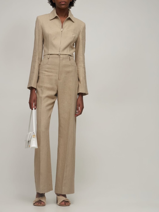 Jacquemus: Pantalones de lino con cintura alta - Beige - women_1 | Luisa Via Roma