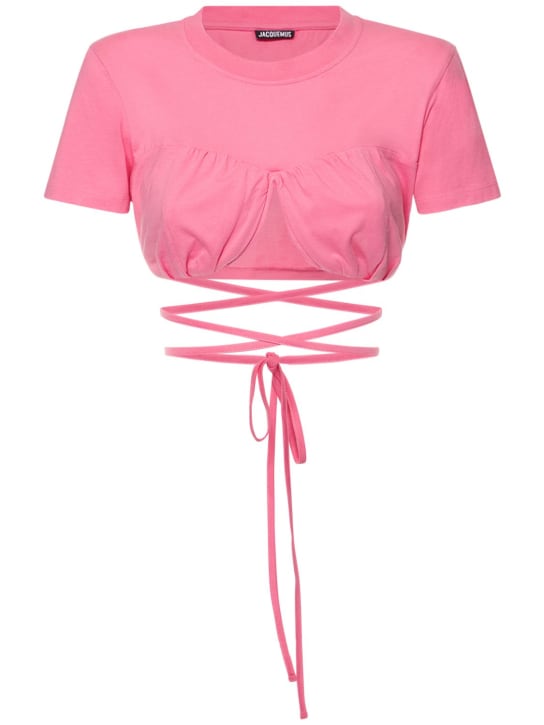Jacquemus: Le Tshirt Baci 코튼 셀프 타이 크롭 탑 - 핑크 - women_0 | Luisa Via Roma