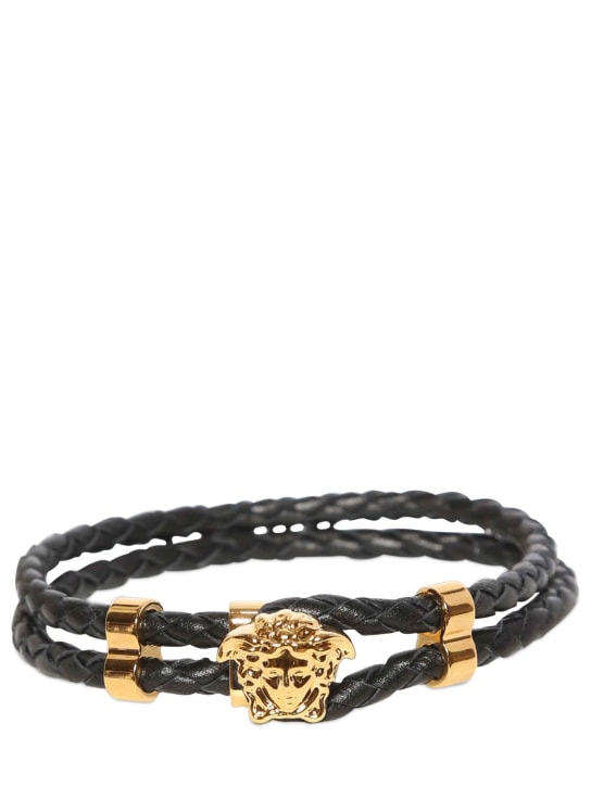 Versace: Medusa logo double wire leather bracelet - Black/Gold - men_0 | Luisa Via Roma