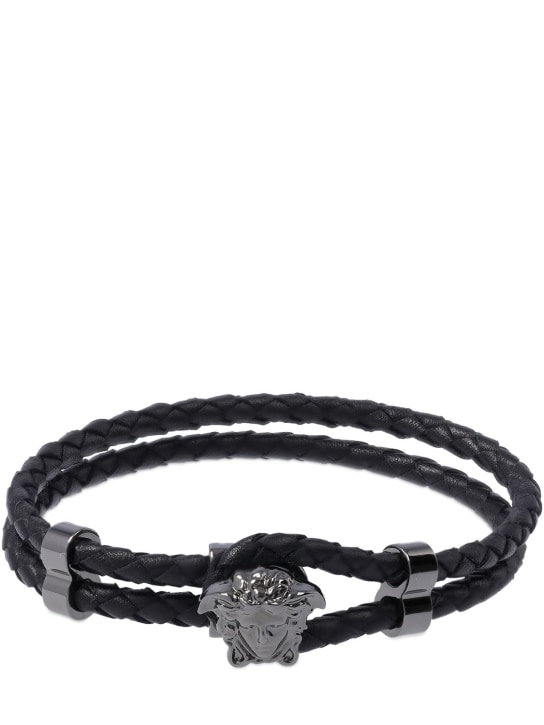 Versace: Bracelet double en cuir à logo Medusa - Black/Ruthenium - men_0 | Luisa Via Roma