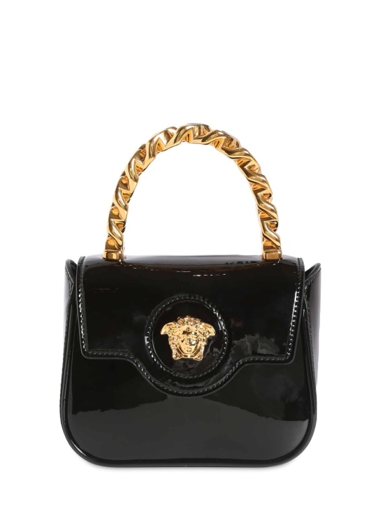 Versace: Medusa patent leather top handle bag - Siyah - women_0 | Luisa Via Roma