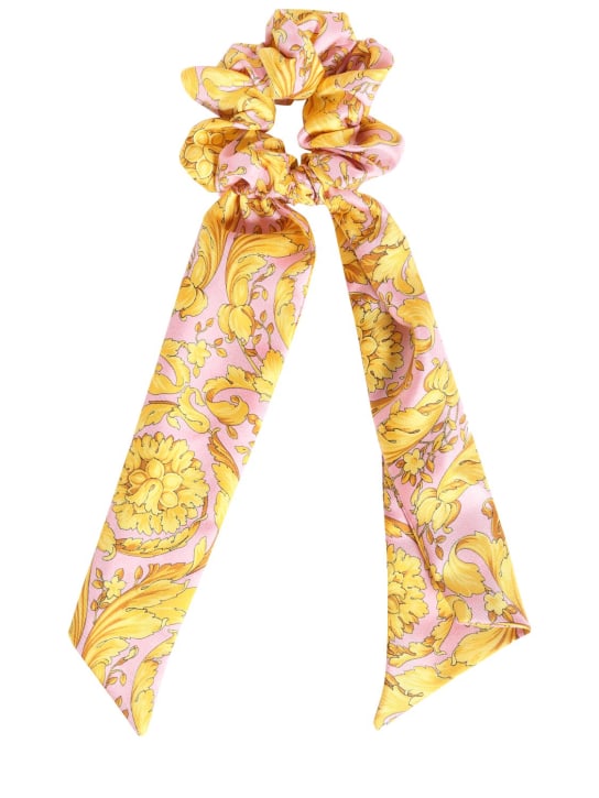 Versace: Baroque printed silk twill scrunchie - Candy/Gold - women_0 | Luisa Via Roma