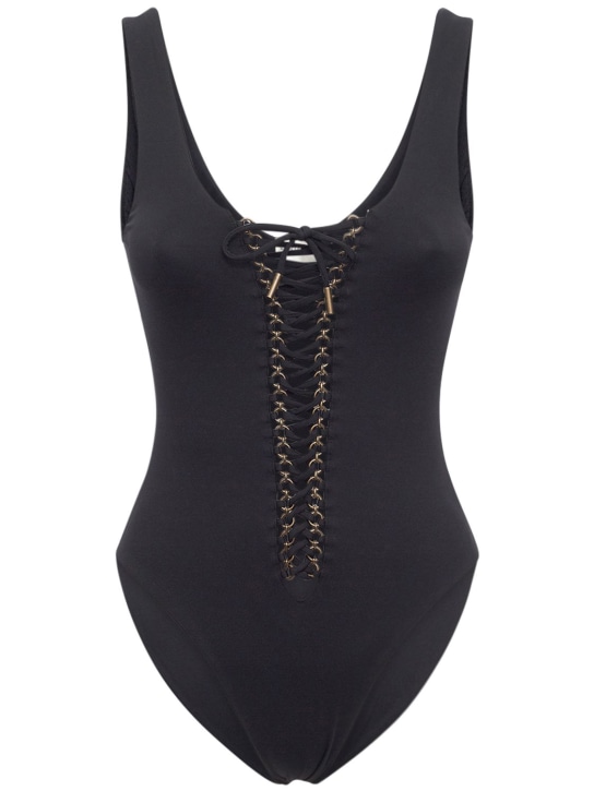 Saint Laurent: Stretch lace-up one piece swimsuit - Siyah - women_0 | Luisa Via Roma