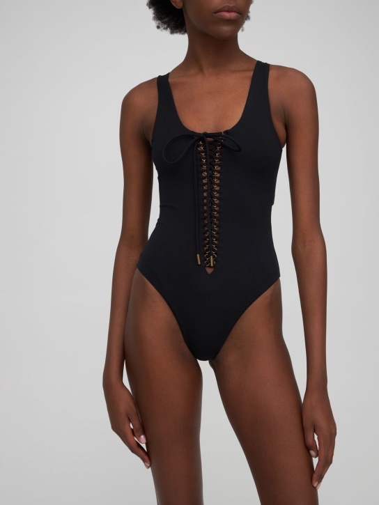 Saint Laurent: Stretch lace-up one piece swimsuit - Siyah - women_1 | Luisa Via Roma
