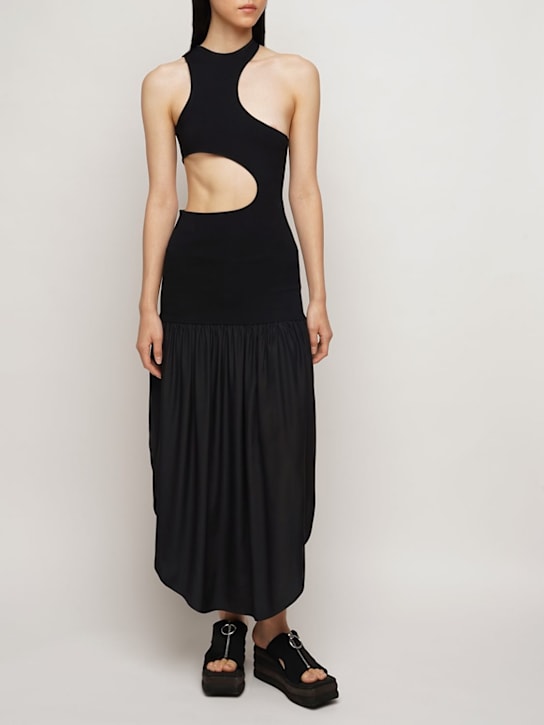 Stella McCartney: Robe midi ajourée en maille et satin de soie - Noir - women_1 | Luisa Via Roma