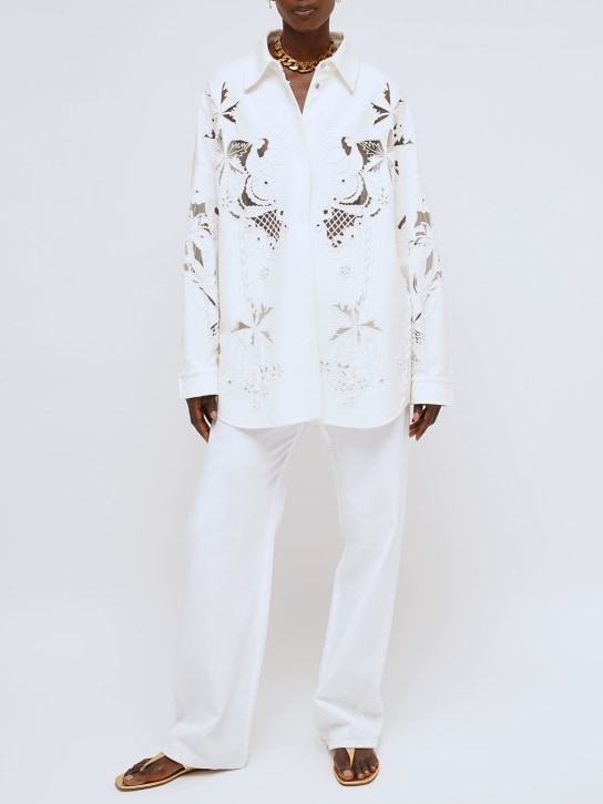 Valentino: 高腰棉质牛仔阔腿裤 - 白色 - women_1 | Luisa Via Roma