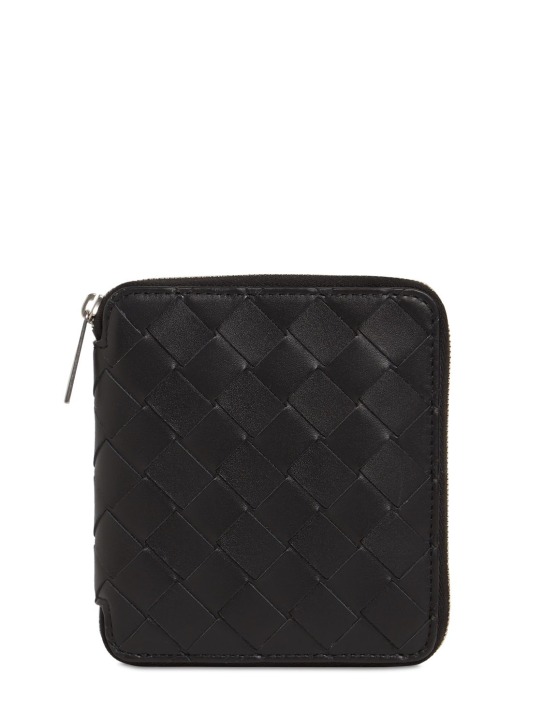 Bottega Veneta: Compact leather zip around wallet - Siyah - men_0 | Luisa Via Roma