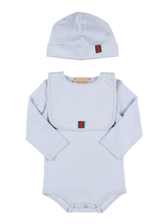 Gucci: Cotton hat, bib and bodysuit - Açık Mavi - kids-boys_0 | Luisa Via Roma