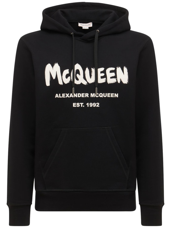Alexander McQueen: 프린트 코튼 스웻셔츠 - 블랙 - men_0 | Luisa Via Roma
