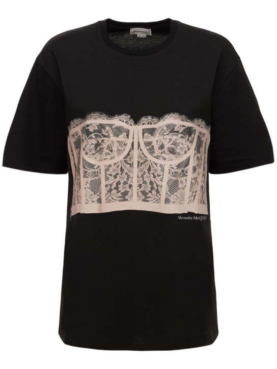 Alexander McQueen: Lace Bustier cotton jersey t-shirt - Siyah - women_0 | Luisa Via Roma